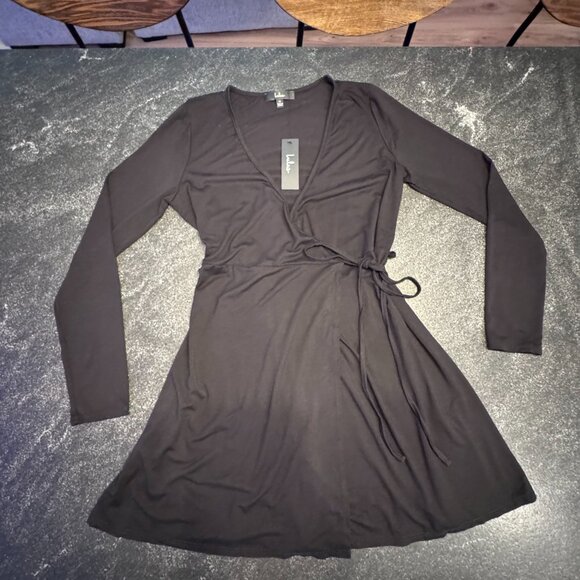 Lulus Pretty Black Long Sleeve Mini Wrap Dress, M - Picture 2 of 5